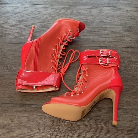 NWT BURJU Under The Influence Open Toe Lace Up Buckle Ankle Boots | Red 11 - Picture 3 of 10